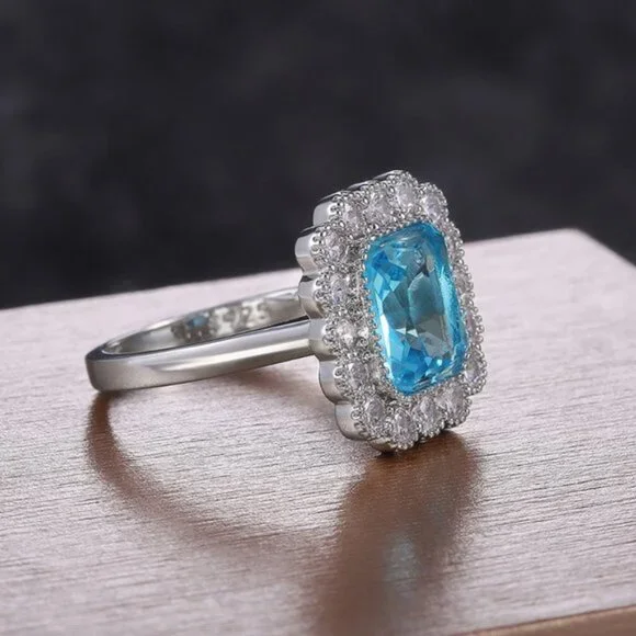 NEW Silver Radiant Cut Aquamarine Halo Ring